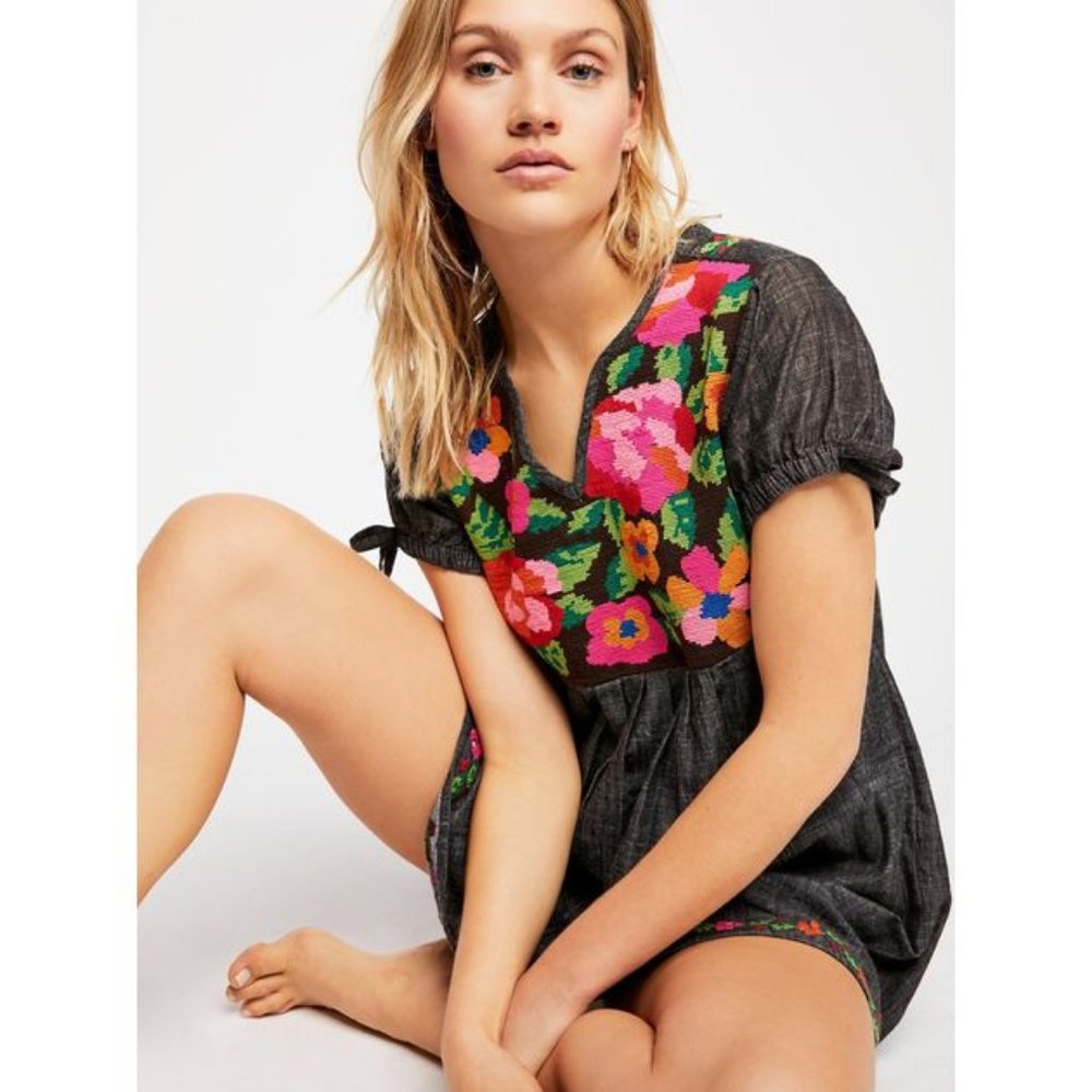 Free People Black Mini Dress with Floral Embroidery